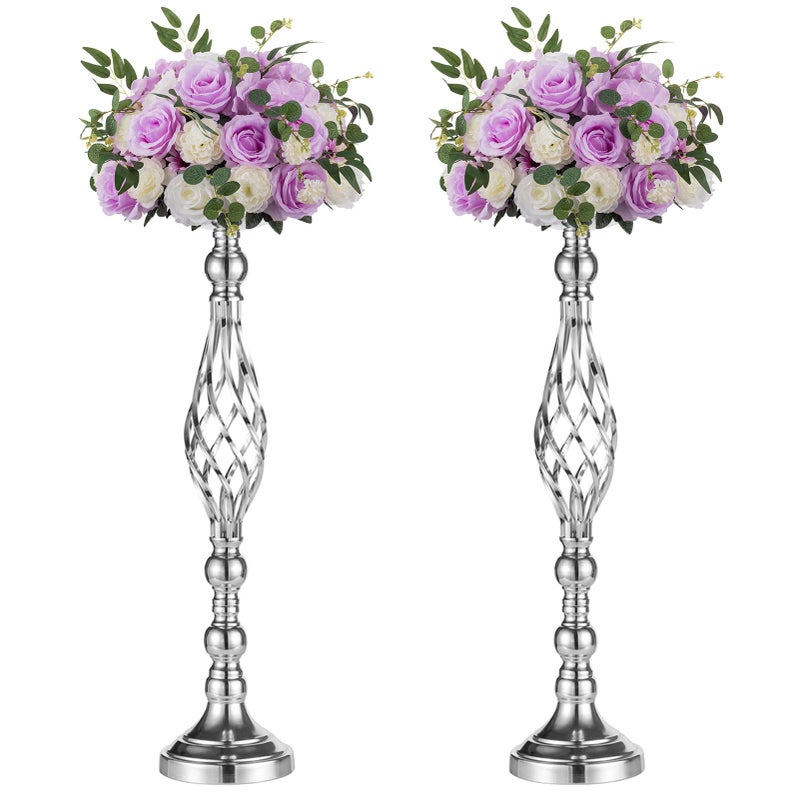NUPTIO Set of 2 Versatile Silver Flower Arrangement Stand & Pillar Candle Holder Set for Wedding Party Dinner Centerpiece Event Restaurant Hotel Decoration (Silver Twist Style, 2 x L) - Image 1